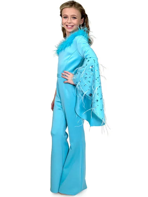 Marc Defang 8222K Size 4 Red Girls Pageant Jumpsuit Feather One Shoulder Long Bell Sleeve Formal Wear Scuba
