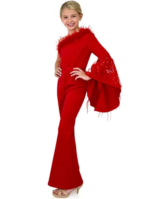 Marc Defang 8222K Size 4 Red Girls Pageant Jumpsuit Feather One Shoulder Long Bell Sleeve Formal Wear Scuba