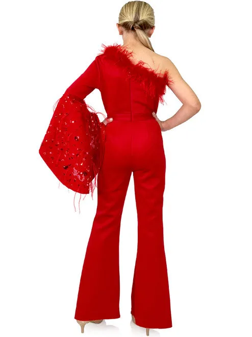 Marc Defang 8222K Size 4 Red Girls Pageant Jumpsuit Feather One Shoulder Long Bell Sleeve Formal Wear Scuba