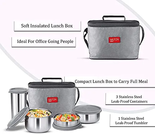 Milton Delicious Combo Stainless Steel Insulated Tiffin, Set of 3 Containers (200 ml, 320 ml, 500 ml) and 1 Tumbler, 380 ml, Grey | Airtight | Dishwasher-Safe | Easy to carry | Leak proof | Insulated | Food Grade | Odour Proof