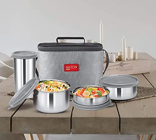 Milton Delicious Combo Stainless Steel Insulated Tiffin, Set of 3 Containers (200 ml, 320 ml, 500 ml) and 1 Tumbler, 380 ml, Grey | Airtight | Dishwasher-Safe | Easy to carry | Leak proof | Insulated | Food Grade | Odour Proof