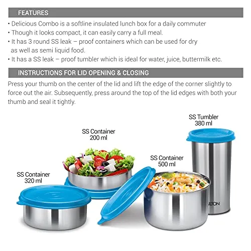 Milton Delicious Combo Stainless Steel Insulated Tiffin, Set of 3 Containers (200 ml, 320 ml, 500 ml) and 1 Tumbler, 380 ml, Grey | Airtight | Dishwasher-Safe | Easy to carry | Leak proof | Insulated | Food Grade | Odour Proof