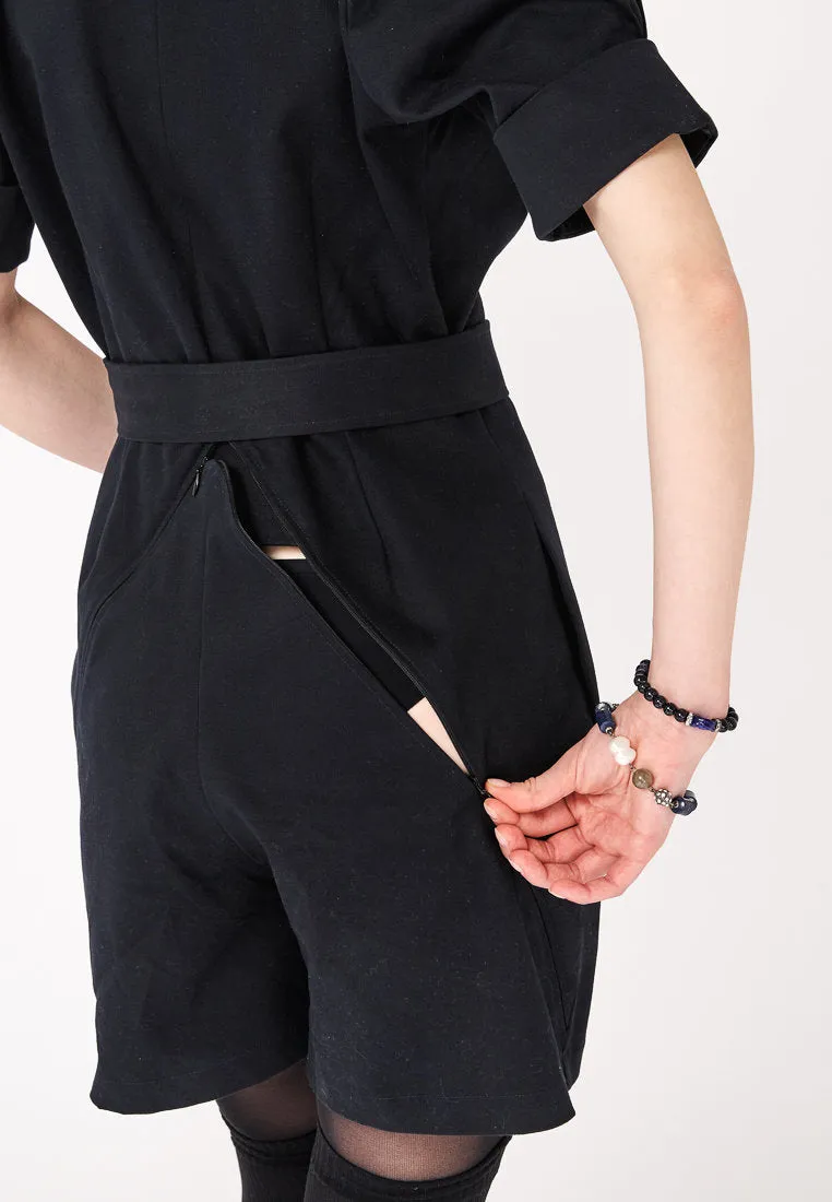 Navy Short Sleeve Cotton V-Neck Tie-Waist Short Casual Jumpsuit ANGELA