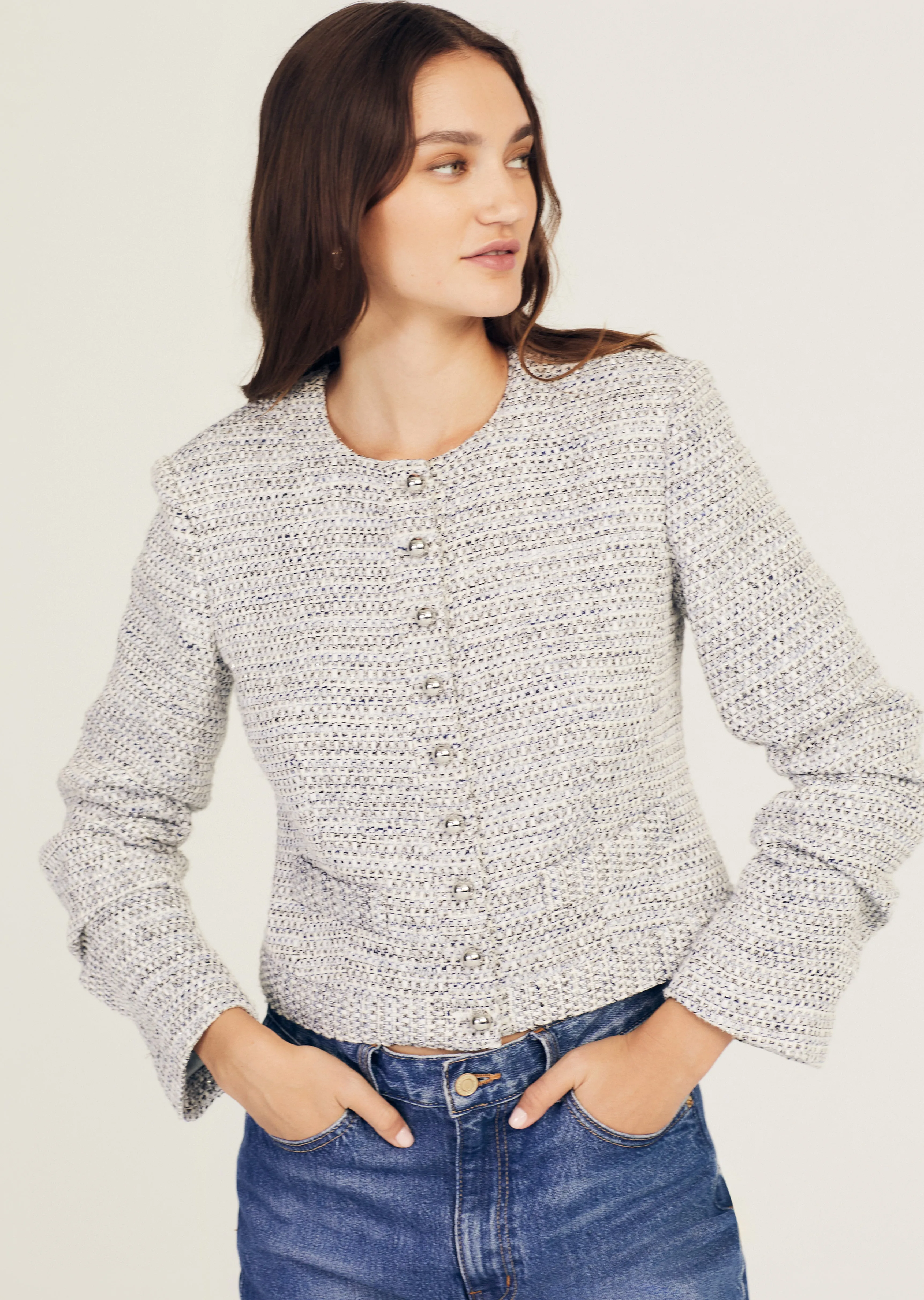 Piera Ruched Sleeve Jacket - Blue-Ivory