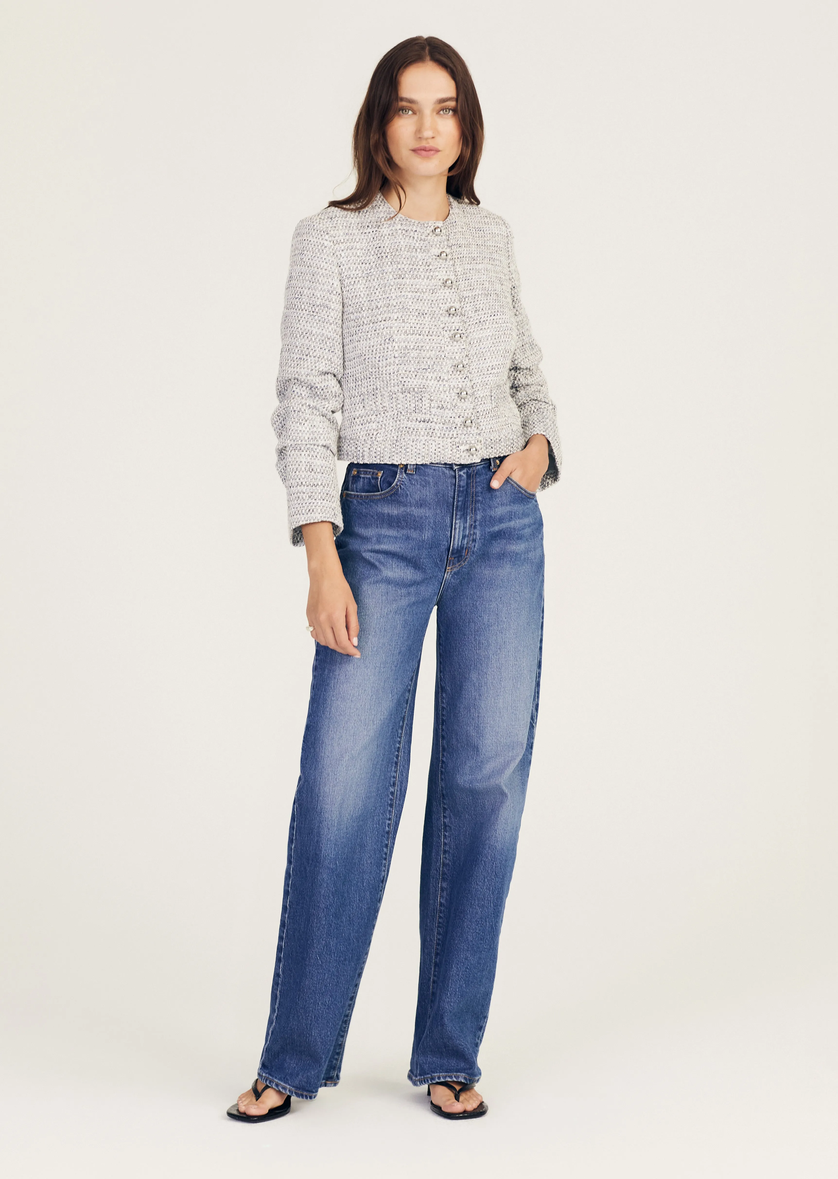 Piera Ruched Sleeve Jacket - Blue-Ivory