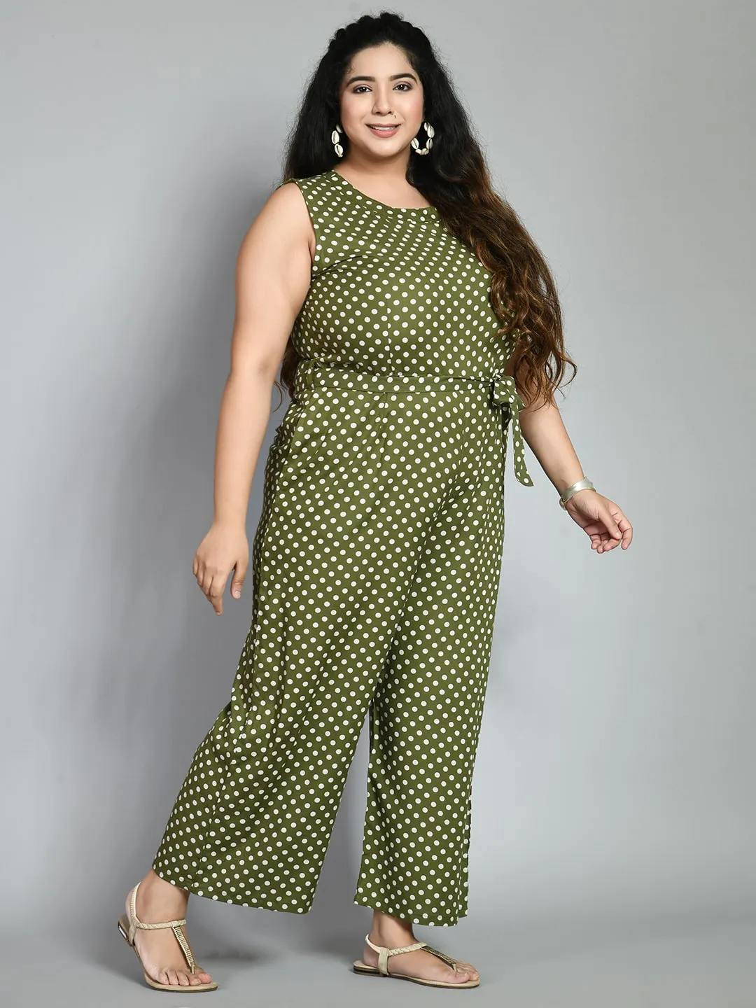Plus Size Plus Size Polka Dot Green Jumpsuit