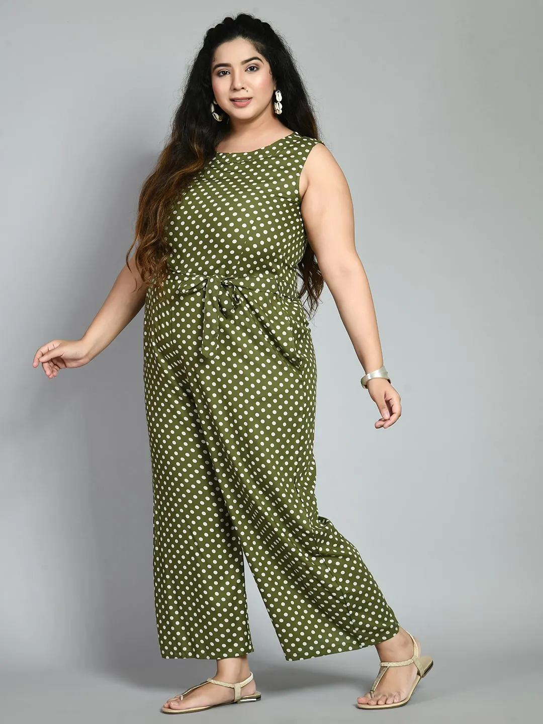 Plus Size Plus Size Polka Dot Green Jumpsuit