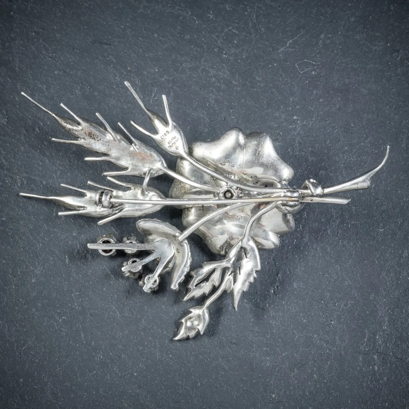 Ruby Paste Flower Brooch Sterling Silver