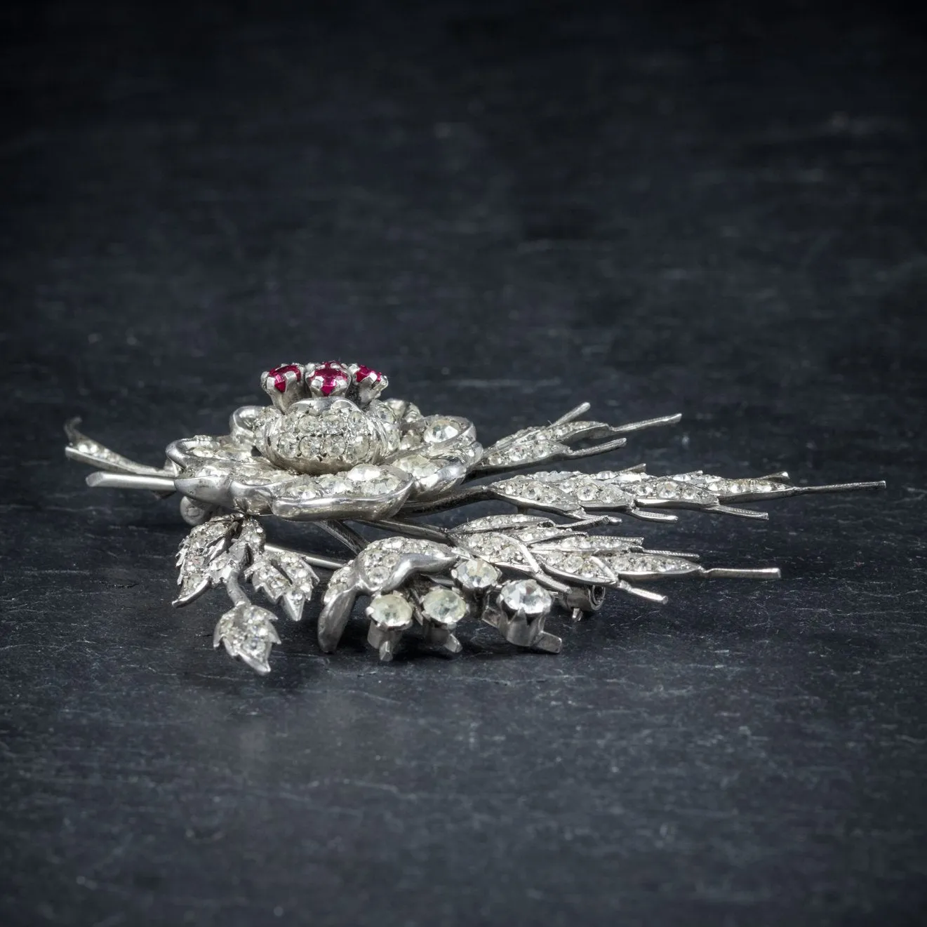 Ruby Paste Flower Brooch Sterling Silver
