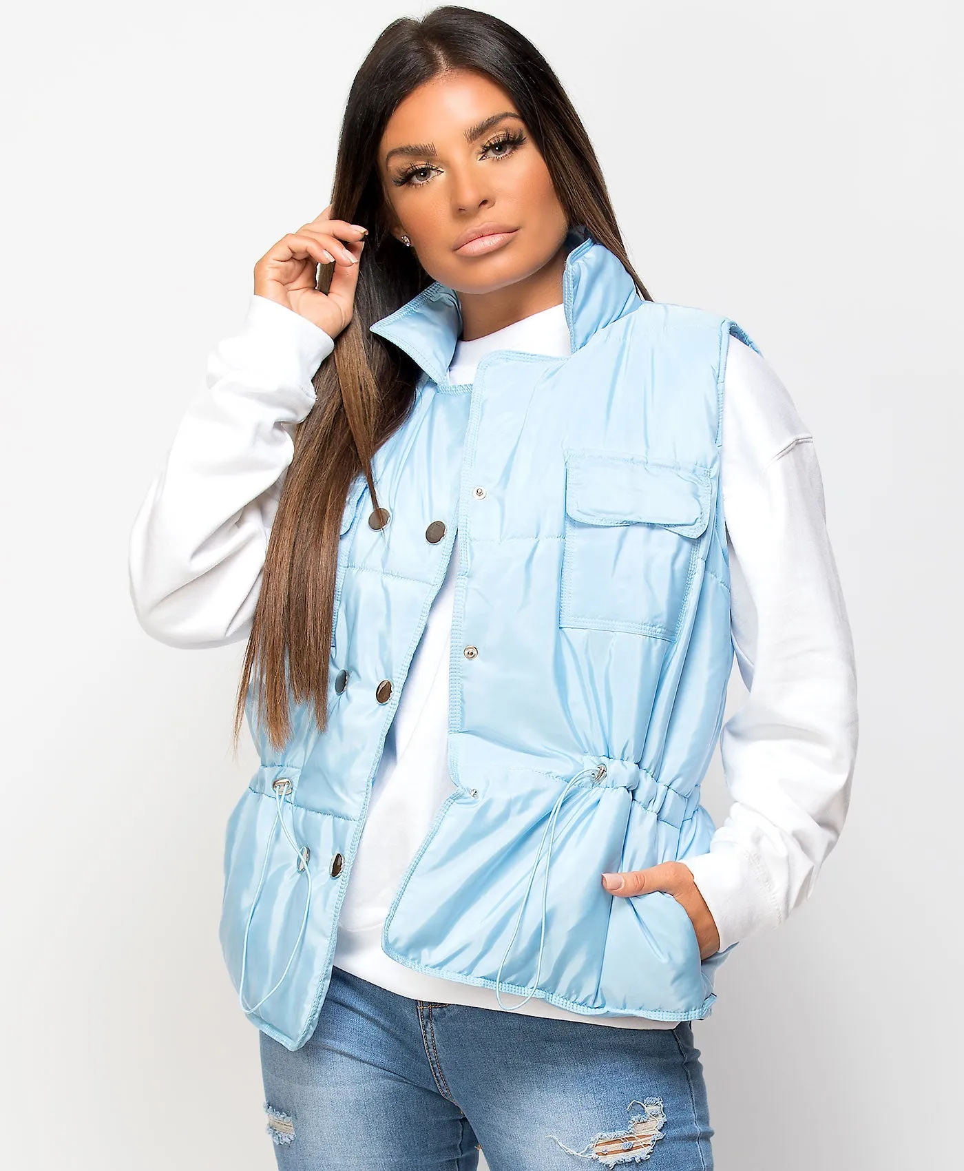 Sky Blue Drawstring Waist Quilted Gilet Bodywarmer
