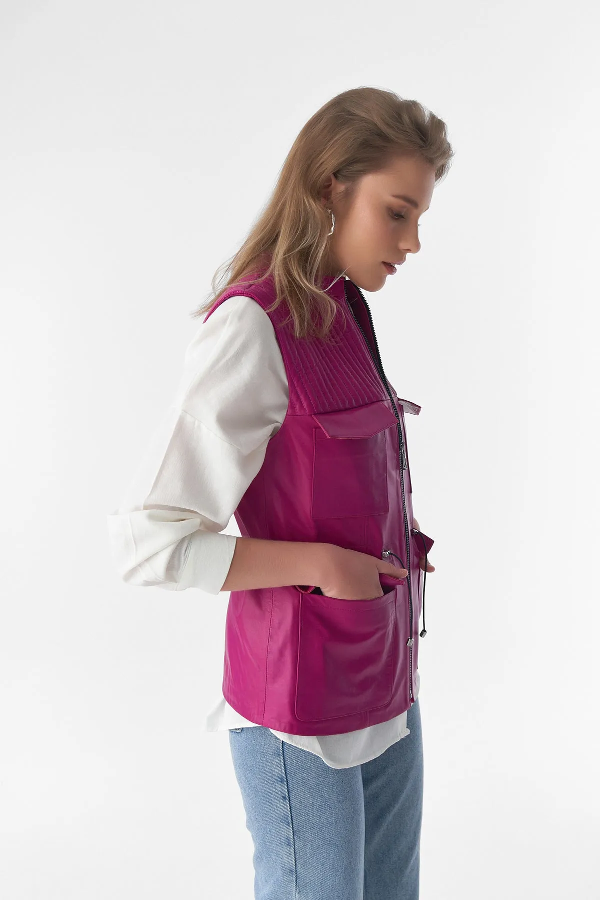 Stitch Drawstring Sleeveless Jacket, Waistcoat, Fuchsia