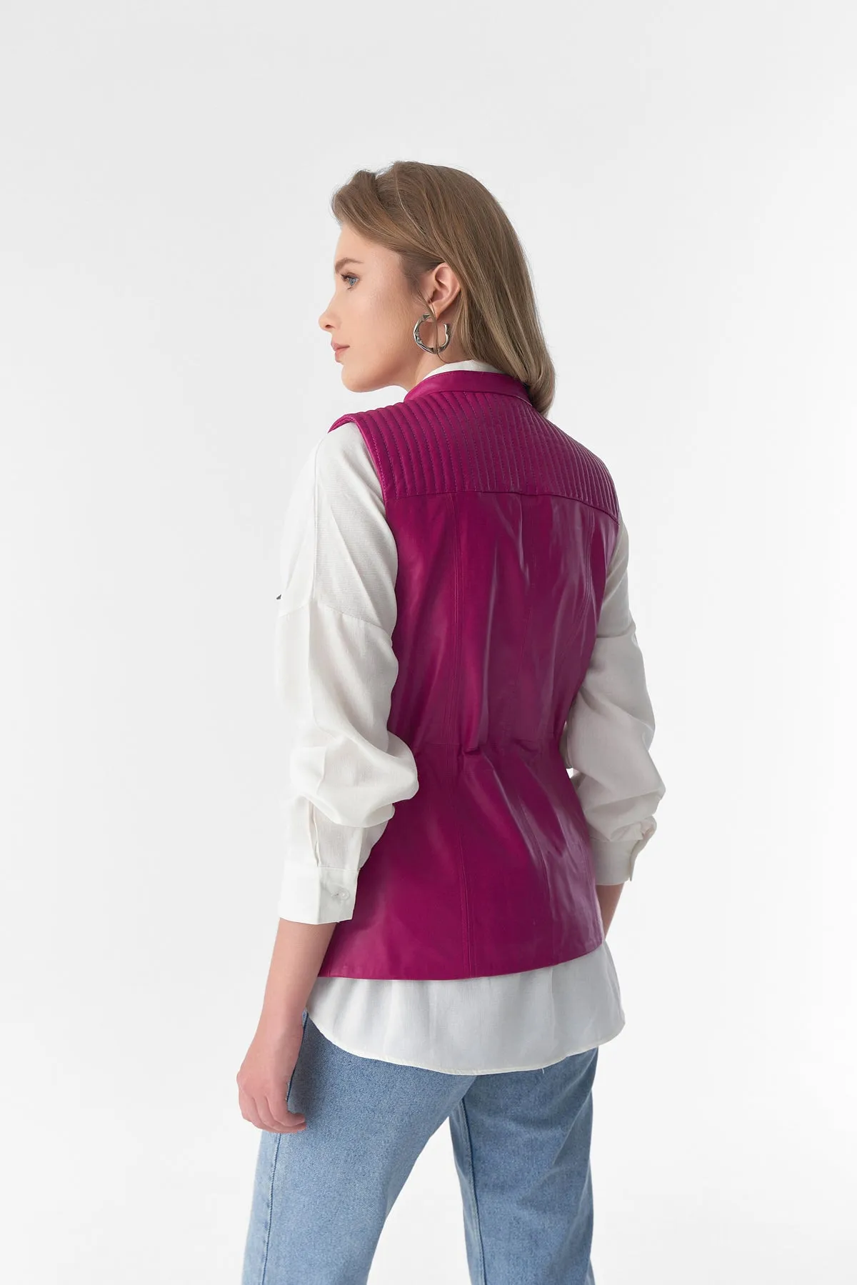 Stitch Drawstring Sleeveless Jacket, Waistcoat, Fuchsia
