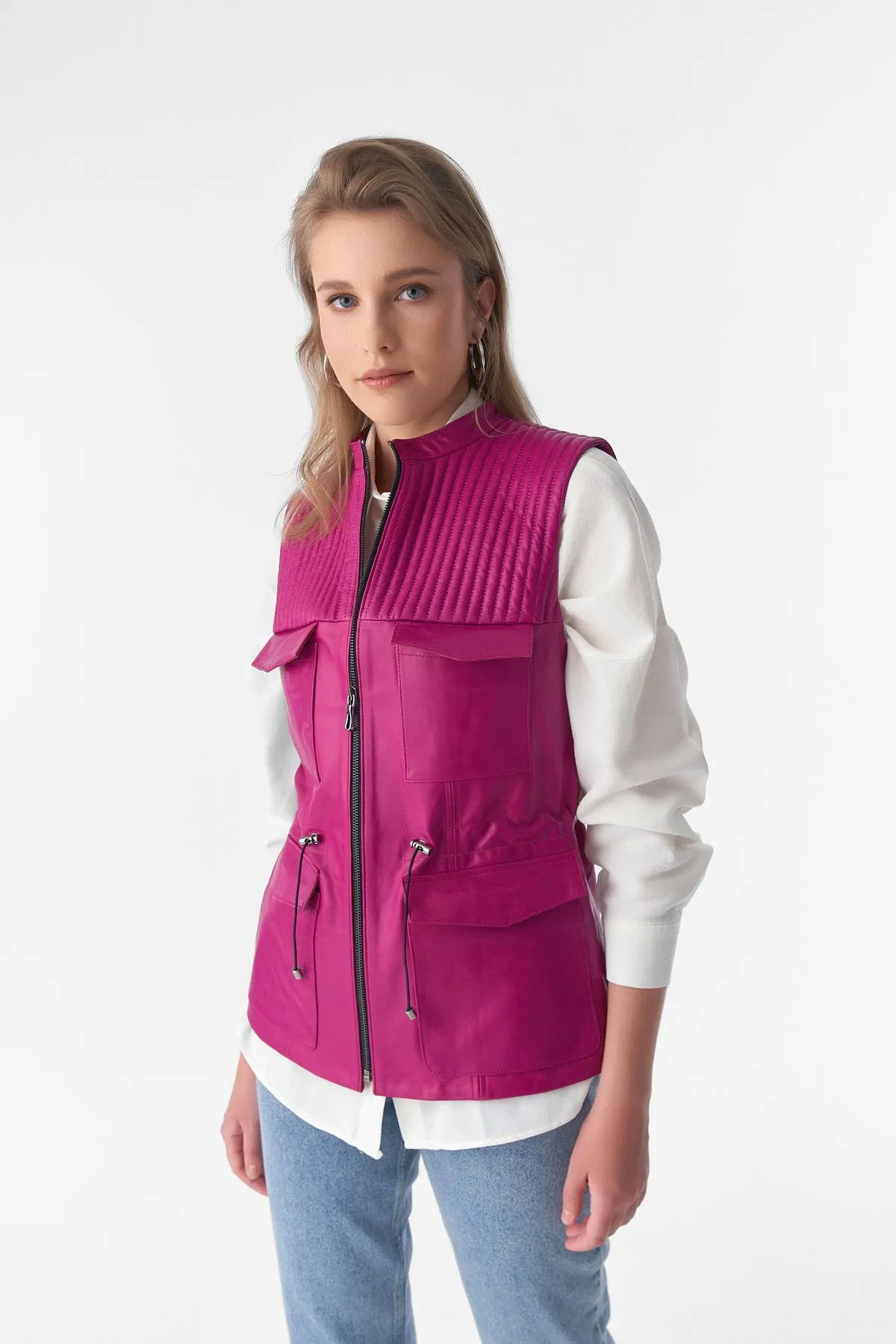 Stitch Drawstring Sleeveless Jacket, Waistcoat, Fuchsia