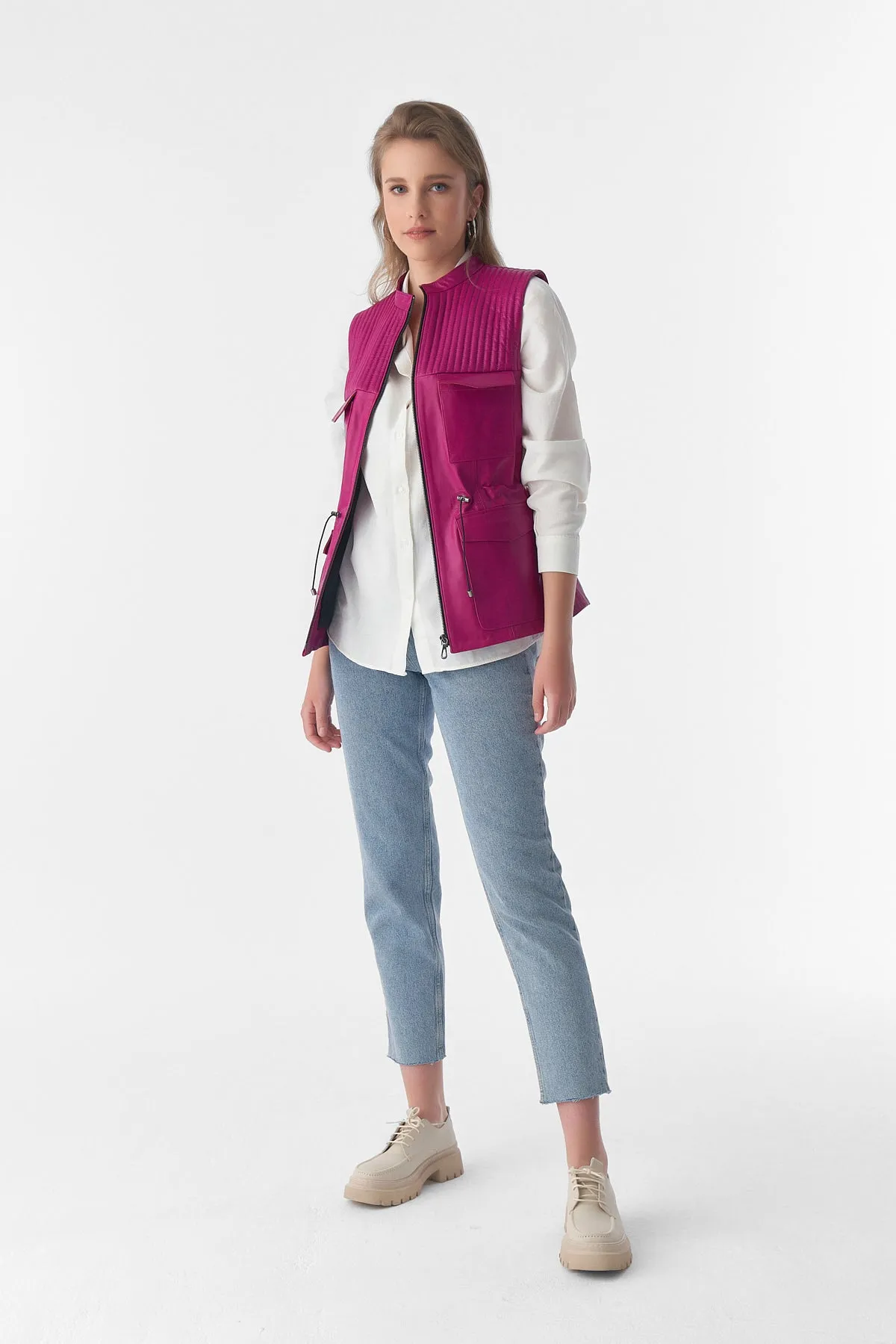 Stitch Drawstring Sleeveless Jacket, Waistcoat, Fuchsia