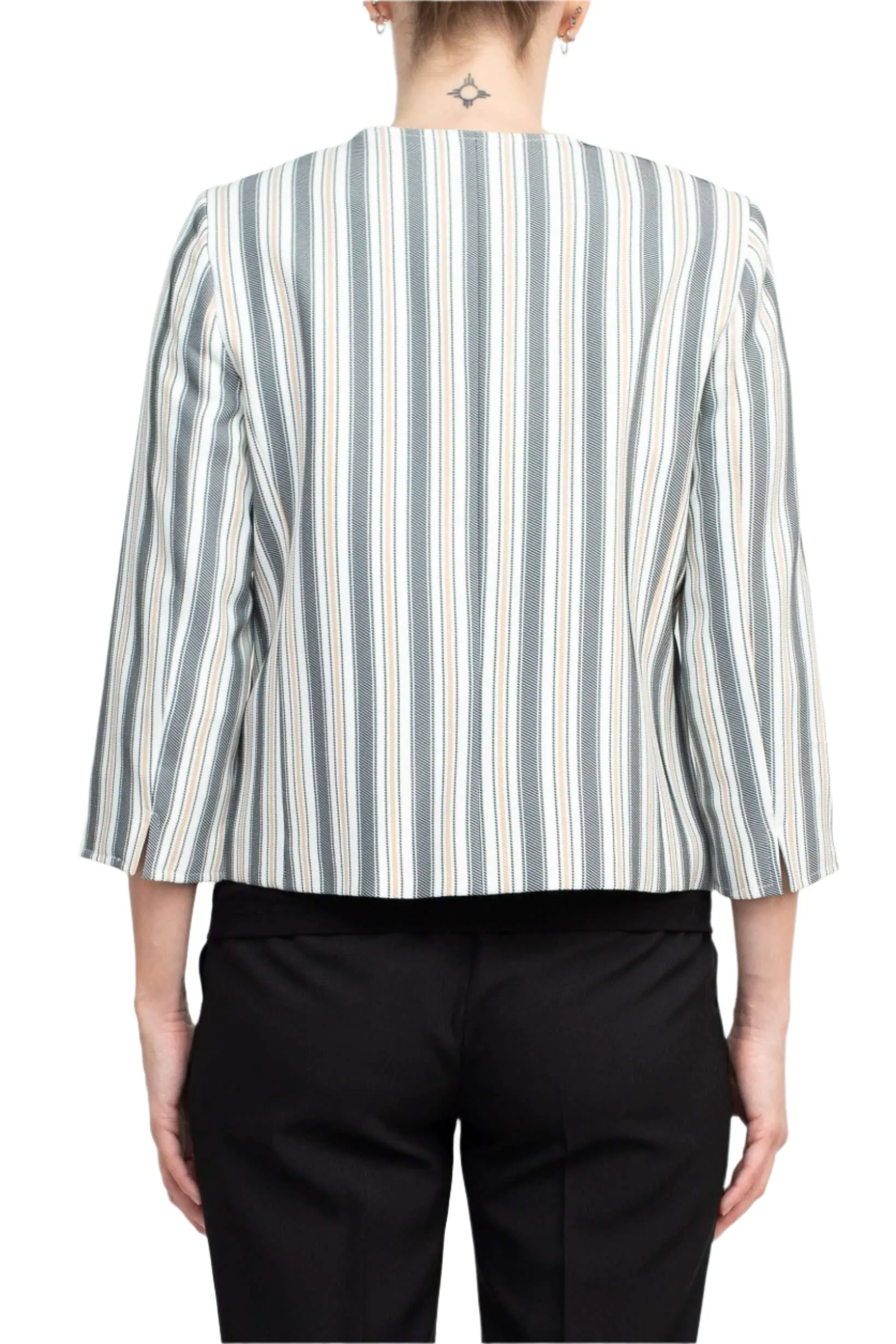 Tahari ASL Crew Neck 3/4 Sleeve Hook & Eye Stripe Print Twill Jacket