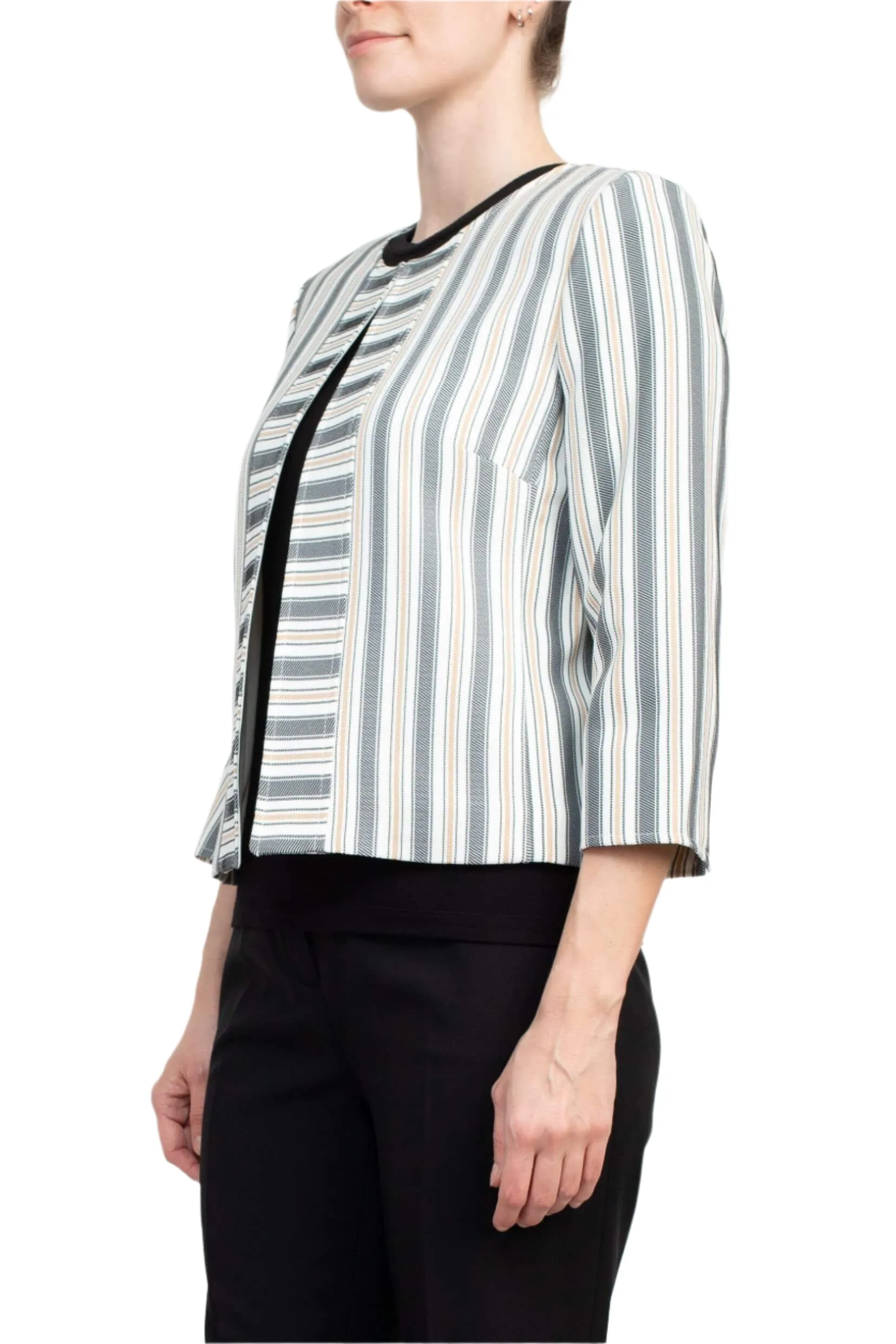 Tahari ASL Crew Neck 3/4 Sleeve Hook & Eye Stripe Print Twill Jacket