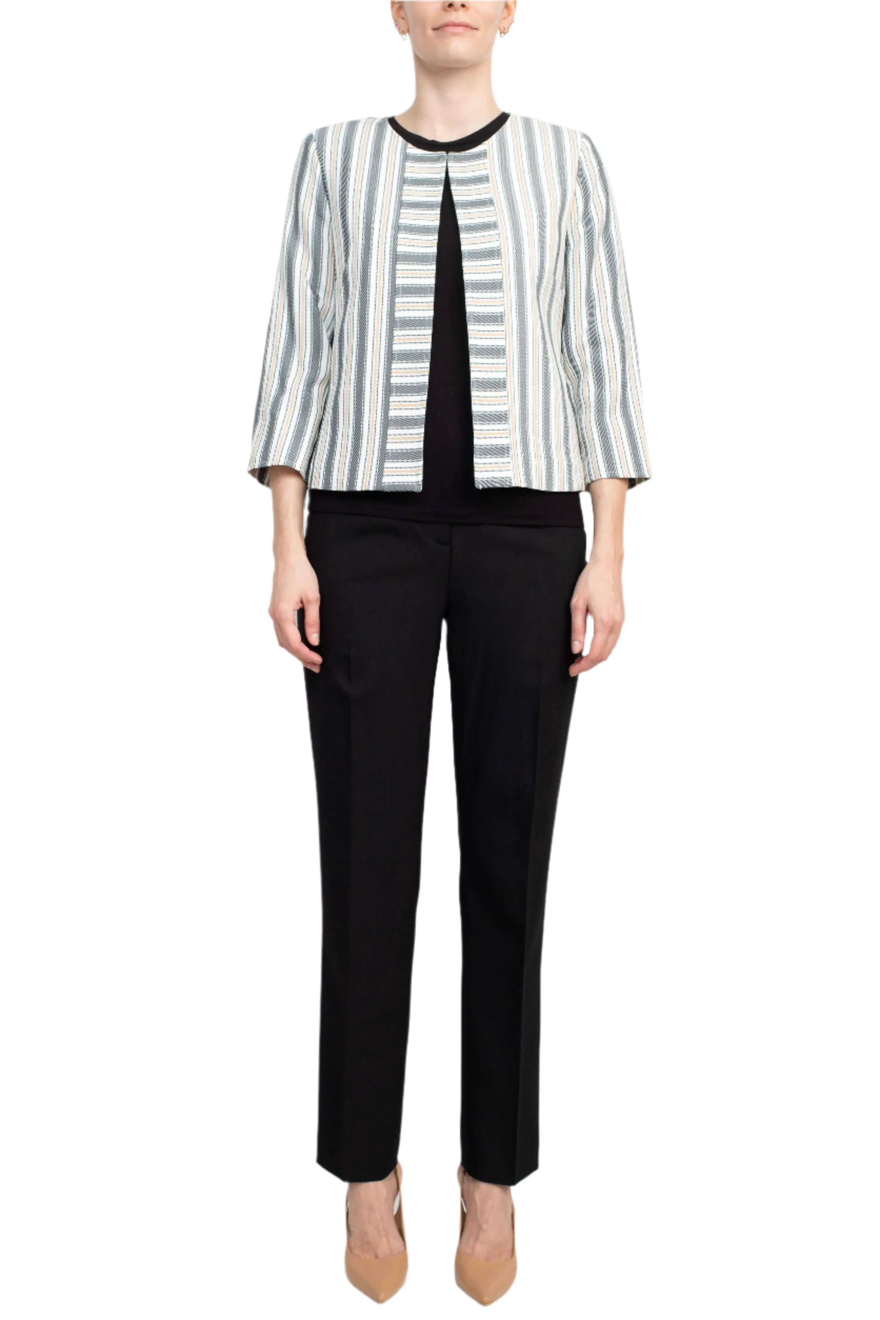 Tahari ASL Crew Neck 3/4 Sleeve Hook & Eye Stripe Print Twill Jacket