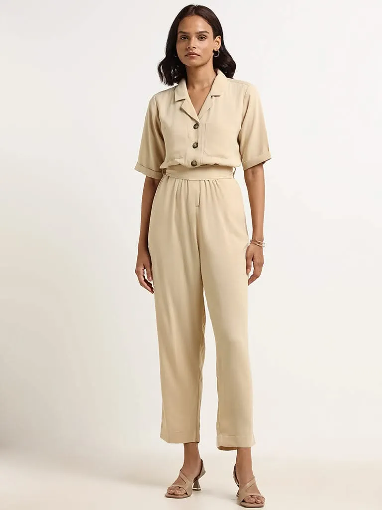 Wardrobe Beige Button-Down Jumpsuit with Belt