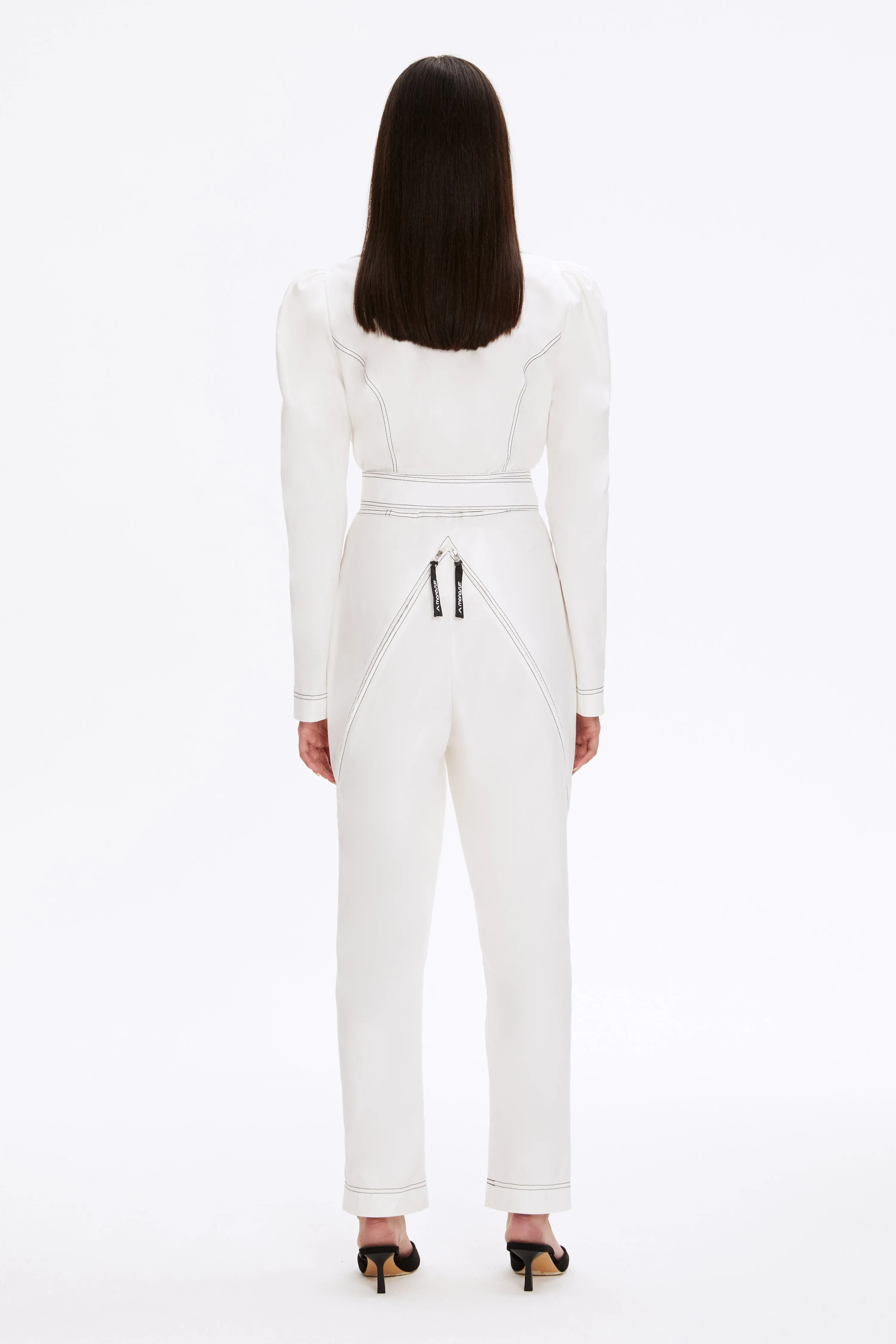 White Long Sleeve Shawl Collar Fitted Belted Formal Jumpsuit VAMP