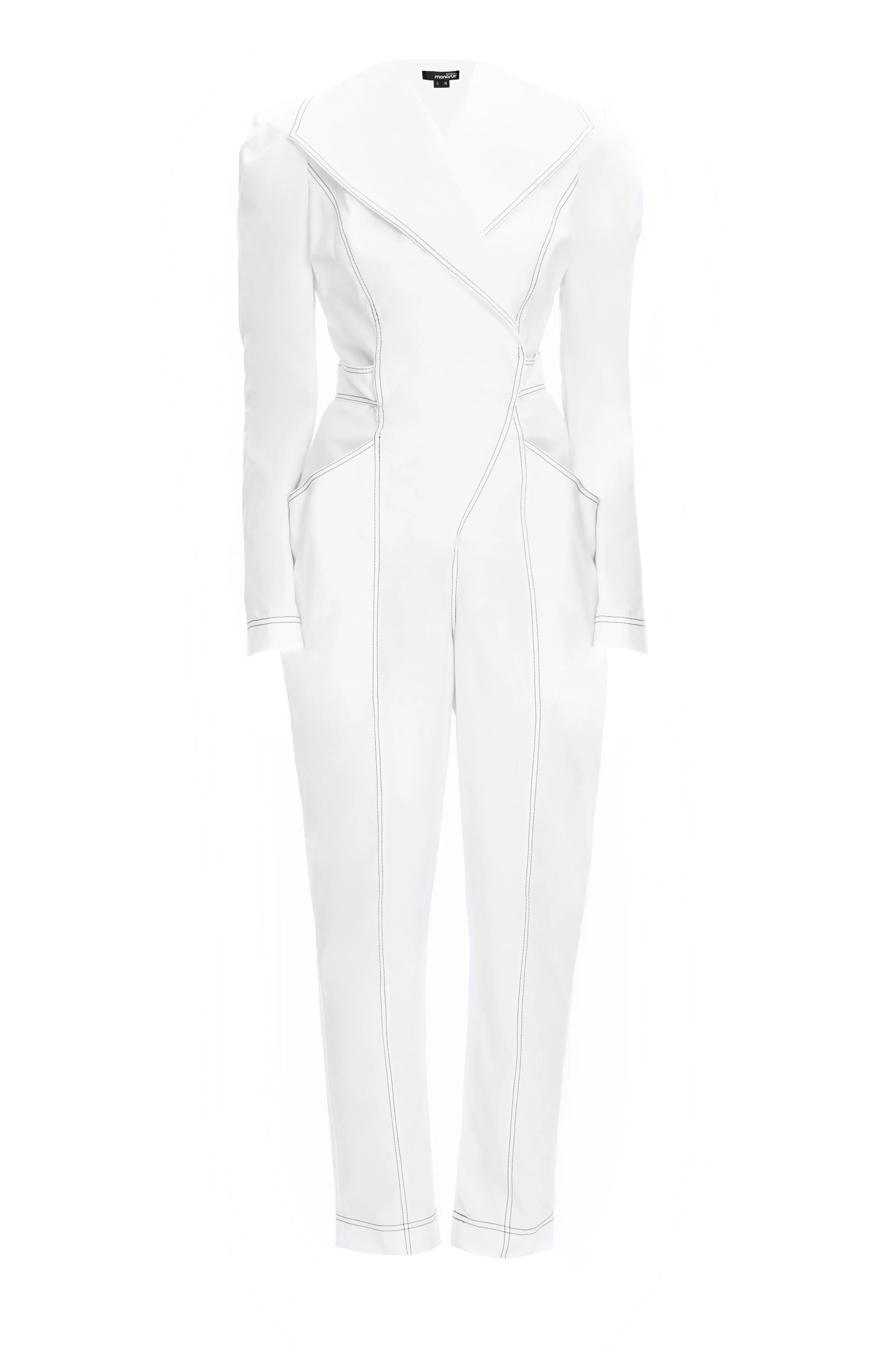 White Long Sleeve Shawl Collar Fitted Belted Formal Jumpsuit VAMP