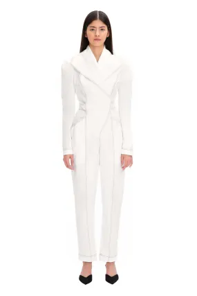 White Long Sleeve Shawl Collar Fitted Belted Formal Jumpsuit VAMP